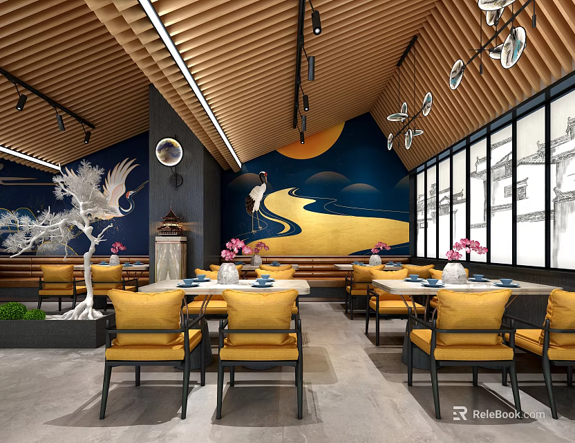 Chinese Restaurant Interior Design with Crane Mural Yellow Chairs Wooden Ceiling and Large Windows 3d model 