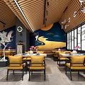 Chinese Restaurant Interior Design with Crane Mural Yellow Chairs Wooden Ceiling and Large Windows