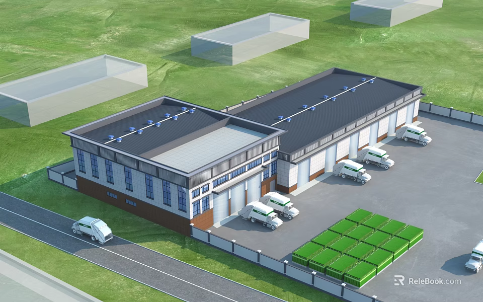 Industrial Warehouse Facility With Delivery Trucks Green Containers And Parking Area 3d model 