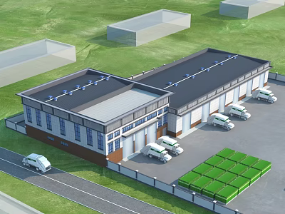 Industrial Warehouse Facility With Delivery Trucks Green Containers And Parking Area 3d model