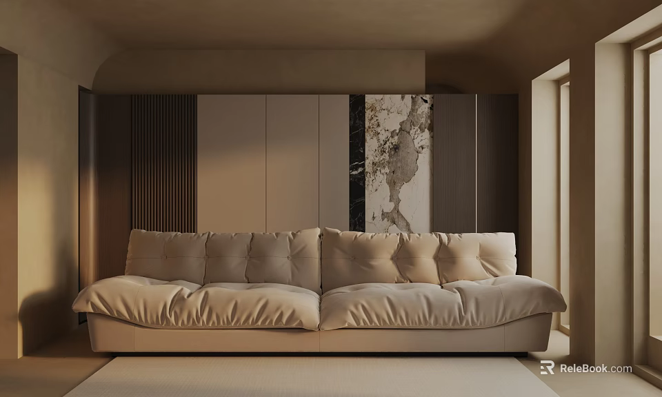 Beige Three-Seater Sofa With Plush Cushions In Modern Cozy Living Room 3d model 
