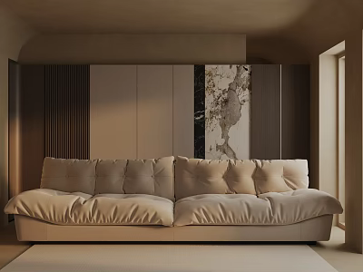 Beige Three-Seater Sofa With Plush Cushions In Modern Cozy Living Room 3d model