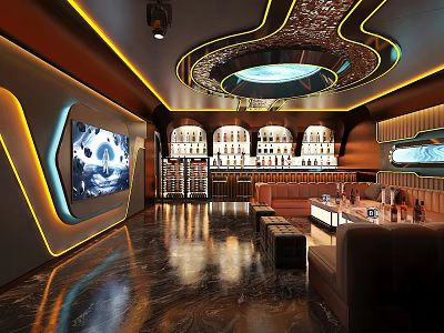Modern KTV Lounge Interior With Colorful Lighting Sofa Seats Bar Counter And Large Screen 3d model