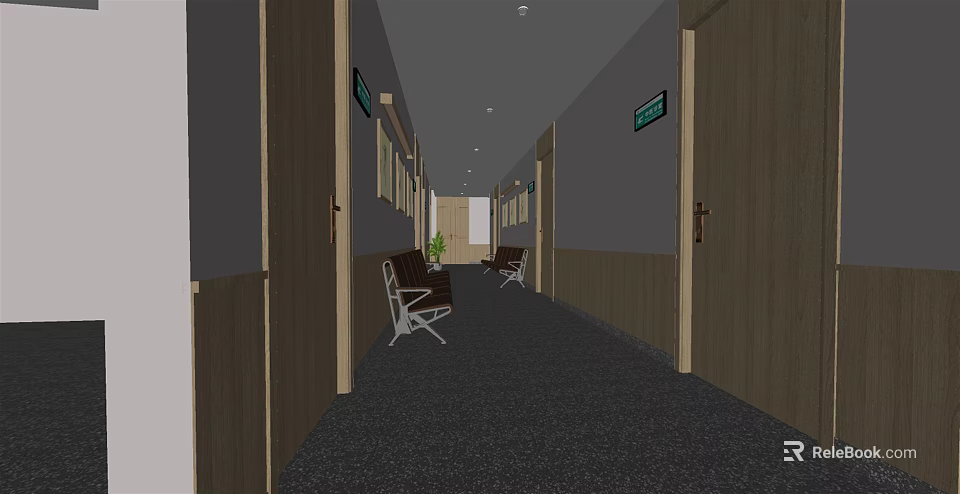 Spacious Elevator Hallway With Wooden Doors Green Signs Dark Carpet And Rest Chairs 3d model 