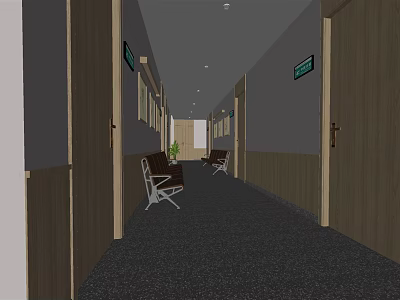 Spacious Elevator Hallway With Wooden Doors Green Signs Dark Carpet And Rest Chairs 3d model