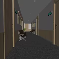 Spacious Elevator Hallway With Wooden Doors Green Signs Dark Carpet And Rest Chairs