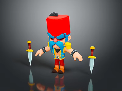Cartoon Style Man In Yellow Outfit Red Tall Hat Blue Bearded Face Holding Two Daggers 3d model