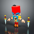 Cartoon Style Man In Yellow Outfit Red Tall Hat Blue Bearded Face Holding Two Daggers