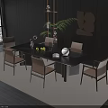 Elegant Modern Dining Room Table Set With Black Table Beige Chairs Wall Art And Plants