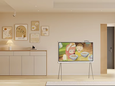 Cozy Living Dining Room Interior With Decorative Artworks TV Cabinet And TV Showing Cartoon 3d model
