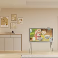 Cozy Living Dining Room Interior With Decorative Artworks TV Cabinet And TV Showing Cartoon
