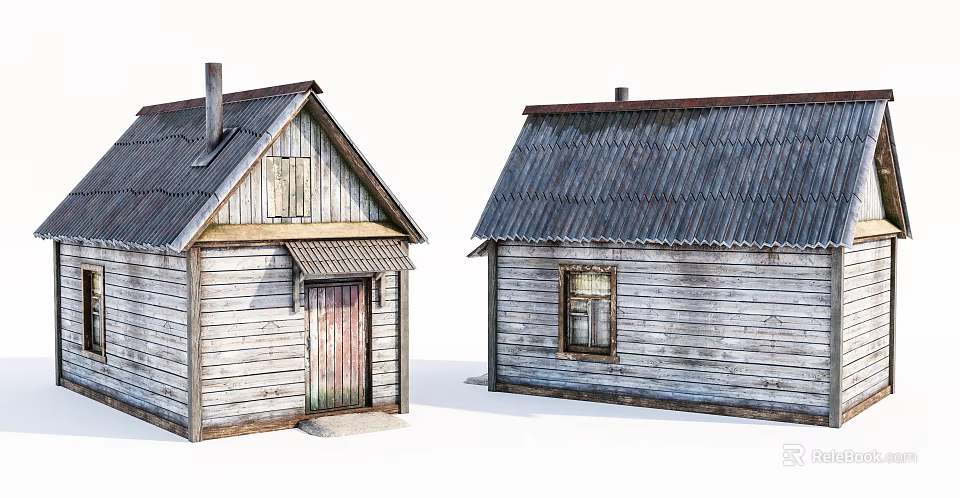 Vintage Wooden Houses With Metal Roofs Small Windows And Weathered Walls 3d model 