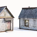 Vintage Wooden Houses With Metal Roofs Small Windows And Weathered Walls