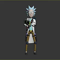 Serious Blue Haired Character Wearing Lab Coat With Yellow Pants Mechanical Legs Holding Weapon