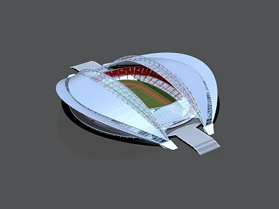 Modern Stadium Architectural Model With Unique Roof Green Turf And Red Seats 3d model