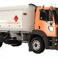 Orange and White Tanker Truck with Hazard Symbols on Tank Body Design
