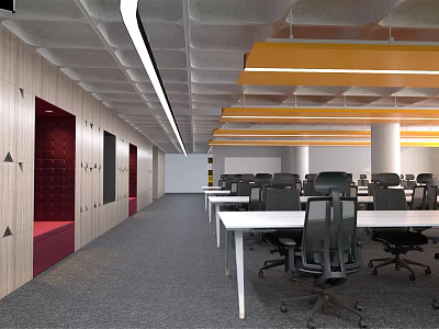 Modern Public Office Space With Long Tables Black Chairs Wooden Walls And Yellow Ceiling 3d model