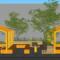Inviting Garden Corner With Yellow Arbors Two Trees Bench Table And Flowers 3d model