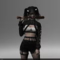 Woman Wearing Black Jacket and White Crop Top with Pigtails White Horns Holding Baseball Bat