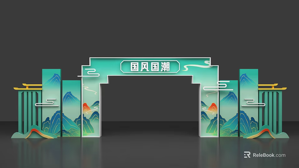 Chinese Guochao Style Event Gateway With Mountain Water Patterns And Green Blue Arched Design 3d model 