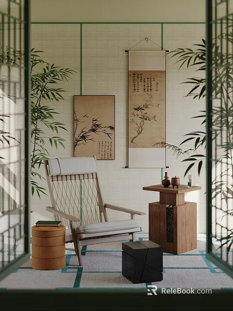 Comfortable Leisure Chair In Chinese Style Interior With Bamboo Plants And Wooden Side Table 3d model 