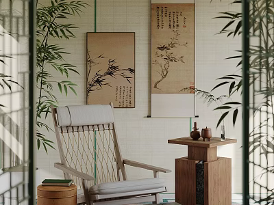 Comfortable Leisure Chair In Chinese Style Interior With Bamboo Plants And Wooden Side Table 3d model