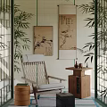 Comfortable Leisure Chair In Chinese Style Interior With Bamboo Plants And Wooden Side Table