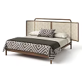 Modern Double Bed Design With Woven Headboard Wooden Frame And Geometric Pattern Bedding 3d model