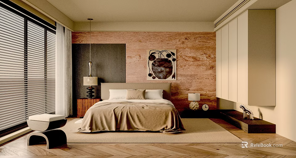 Modern Bedroom Interior Design With Wooden Walls Decorative Painting Beige Bedding And Woven Rug 3d model 