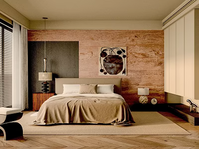 Modern Bedroom Interior Design With Wooden Walls Decorative Painting Beige Bedding And Woven Rug 3d model