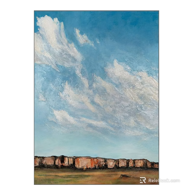 Scenic Landscape Painting With Vibrant Blue Sky White Clouds and Brown Cliffs 3d model 