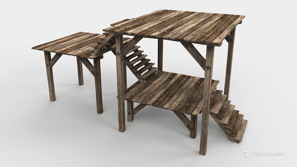 Wooden Viewing Platform With Multi Level Design And Stairs Structure 3d model