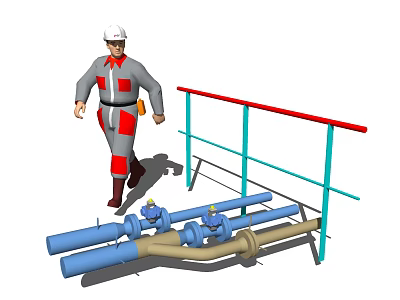 Large Industrial Pipes With Worker And Safety Railing At Construction Site 3d model