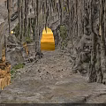 Natural Cave Interior With Stalactites Stalagmites Yellow Light And Gravel