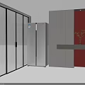 Modern Interior With Stainless Steel Refrigerator Freezer And Glass Door Cabinets