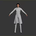 Woman in white long coat and long boots standing against gray background