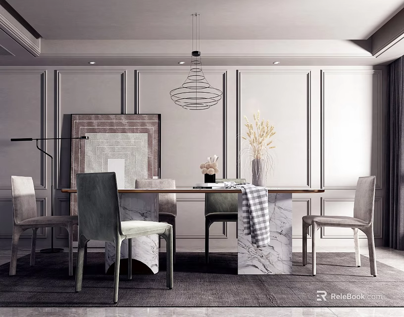 Modern Elegant Dining Table Set With Chairs Hanging Chandelier Decorative Painting And Vase Flowers 3d model 