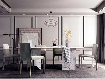 Modern Elegant Dining Table Set With Chairs Hanging Chandelier Decorative Painting And Vase Flowers 3d model