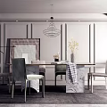 Modern Elegant Dining Table Set With Chairs Hanging Chandelier Decorative Painting And Vase Flowers