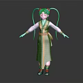 3D Anime Character With Blue Twin Ponytails Green Robe Yellow Stripes And Pink Sleeves