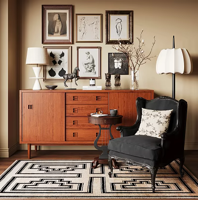 Elegant Entryway Cabinet and Sideboard with Table Lamp Decorative Items Black Chair and Area Rug 3d model
