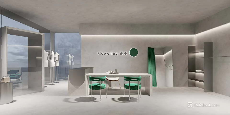 Modern Flowing Yuhe Clothing Store with Clothing Mannequins Green Chairs and Display Area 3d model 