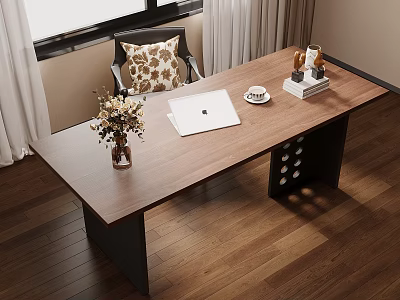 Modern Wooden Desk With Laptop Coffee Cup Flower Vase Books And Decor 3d model