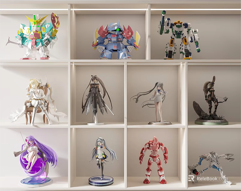 Assorted Action Figures Displayed on White Shelves with Multiple Compartments and Various Designs 3d model
