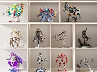 Assorted Action Figures Displayed on White Shelves with Multiple Compartments and Various Designs 3d model