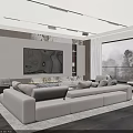 Modern Light Beige Sofa And Dark Wooden Coffee Table Set With Magazines And Armchairs
