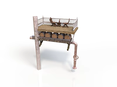 Wooden Platform Structure With Barrels Chairs Support Pillars And Metal Pipes 3d model
