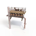 Wooden Platform Structure With Barrels Chairs Support Pillars And Metal Pipes