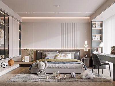 Cozy Kids Room Interior With Bed Stuffed Toys Desk Bookshelf Decorative Lamp And Rug 3d model