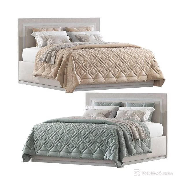 Modern Double Bed With Beige Light Green Diamond Pattern Bedding Pillows And Blankets 3d model 